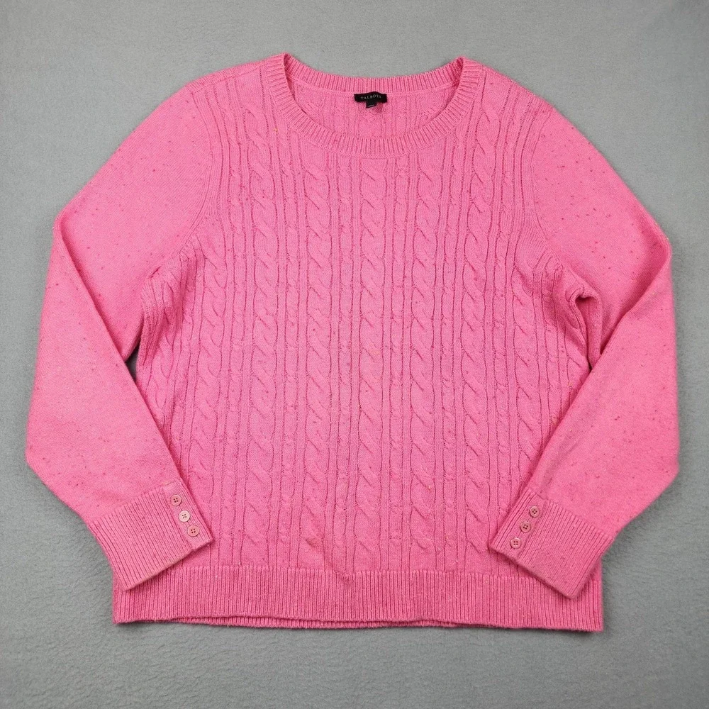 Talbots Sweater Womens XL Pink Confetti Cable Knit Crewneck Button Cuff Pullover - Picture 1 of 11